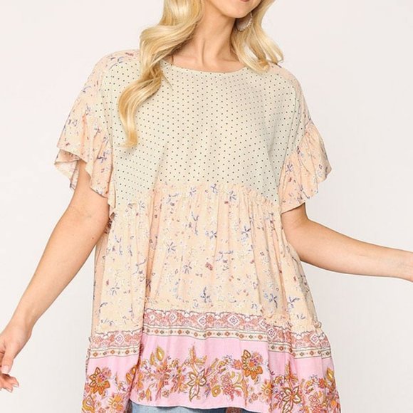 Gigio Cream Blush Dot Floral Mix Print Babydoll - Picture 3 of 7